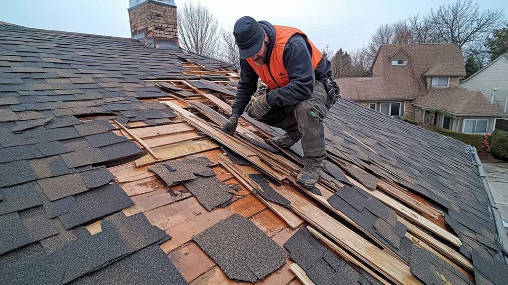 Homeowner examining worn shingles and roof granules beside a snow-season house.