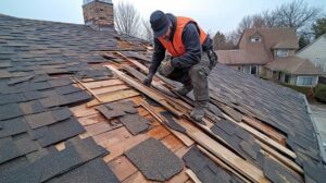 Homeowner examining worn shingles and roof granules beside a snow-season house.